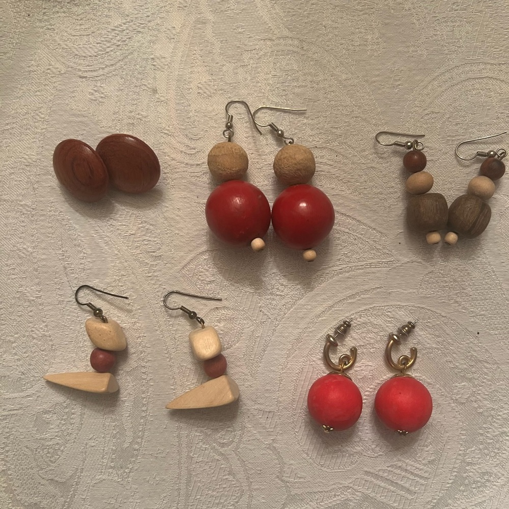 Wooden Bead Earrings set of 5 pairs.